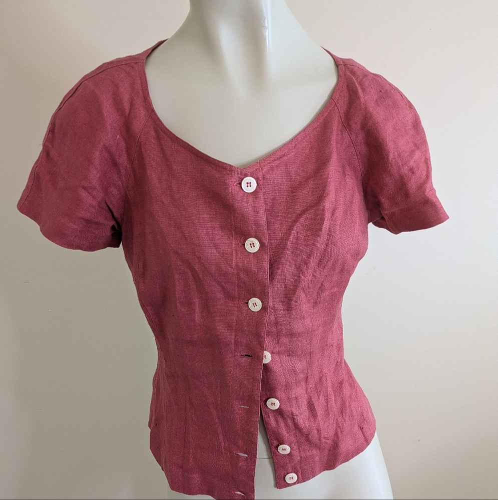 Vintage Christian Dior 100% Linen Short Sleeve Button Blouse Women's 6